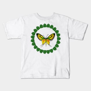 Yellow Butterfly in a Wreath of Tropical Leaves Kids T-Shirt